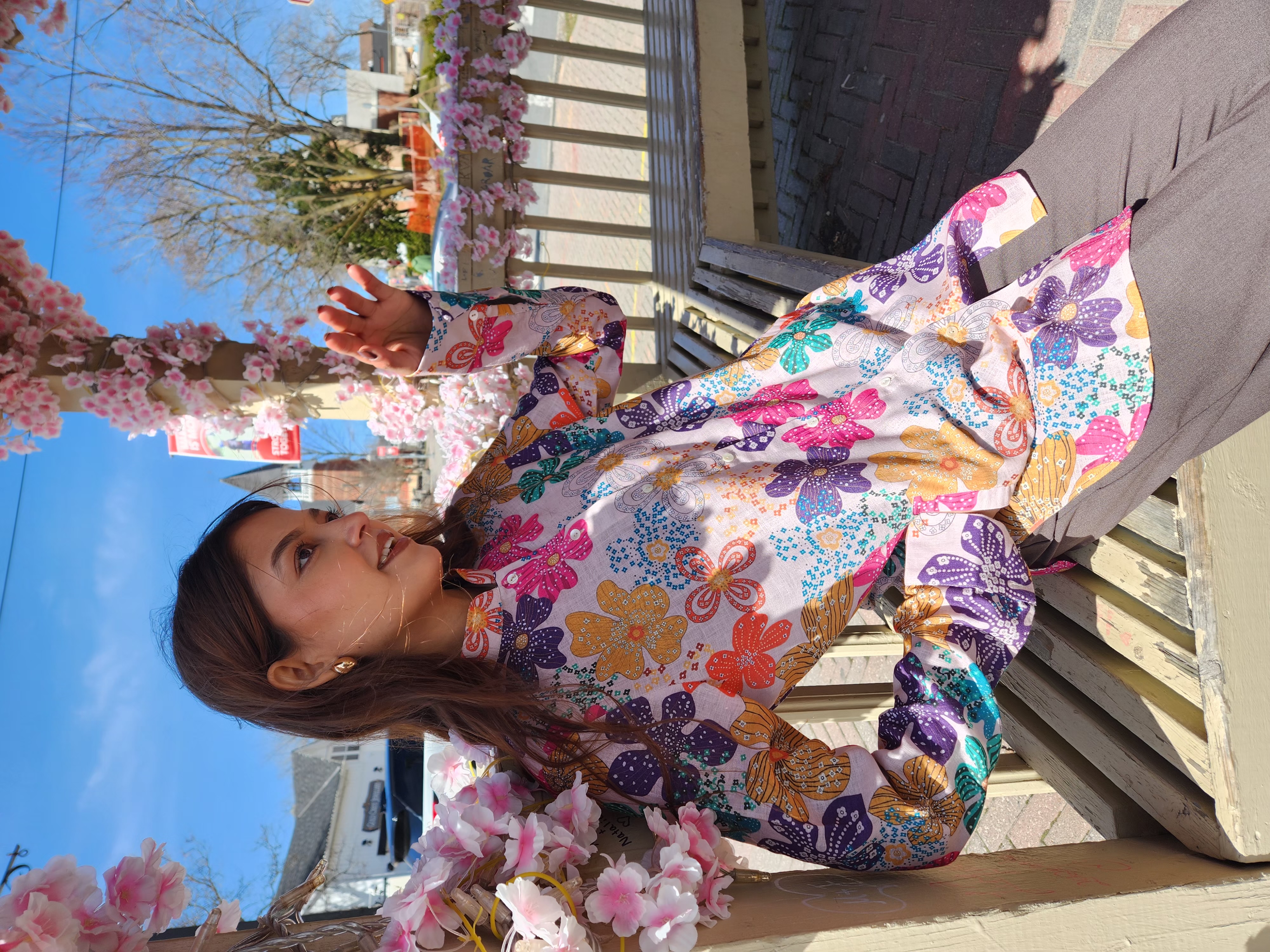 Colorful floral blouse with cherry blossoms
